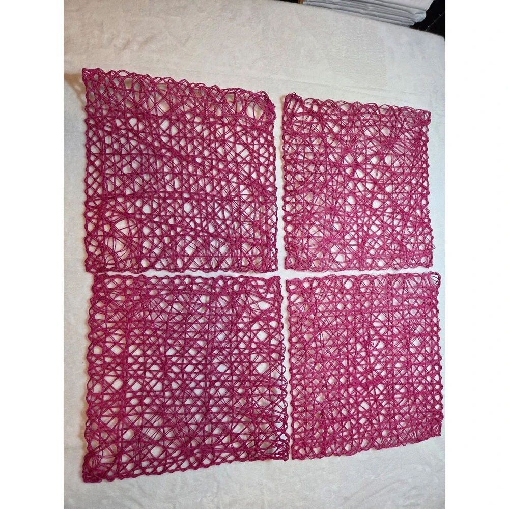 Vintage Set of 4 Handmade Woven Raffia Paper Fiber Placemats Fuchsia Magenta...
